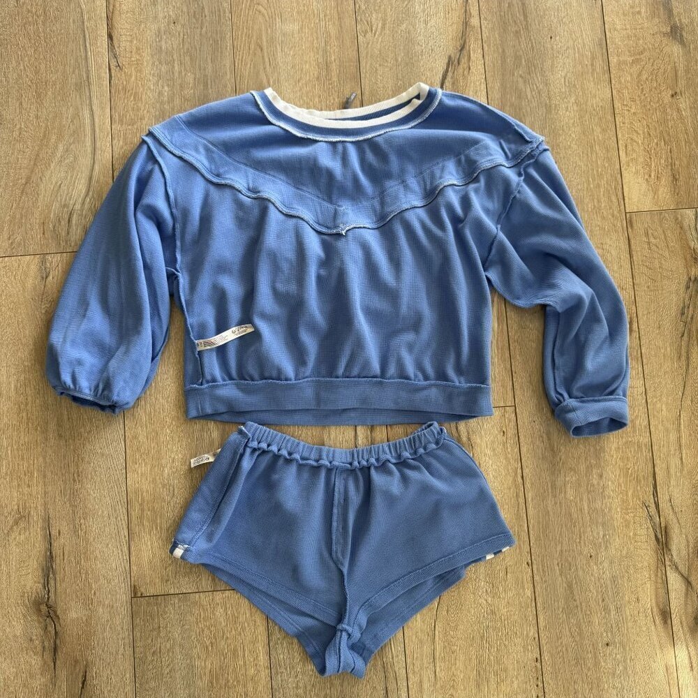 Anthropologie Blue Waffle Knit Eyelet Lace Ruffle‎ Sweatshirt Shorts Set Size XS - Picture 11 of 15